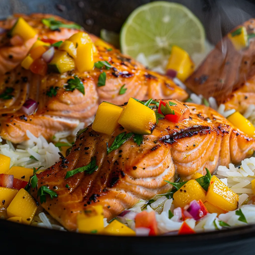 Grilled Salmon with Mango Salsa Coconut Rice