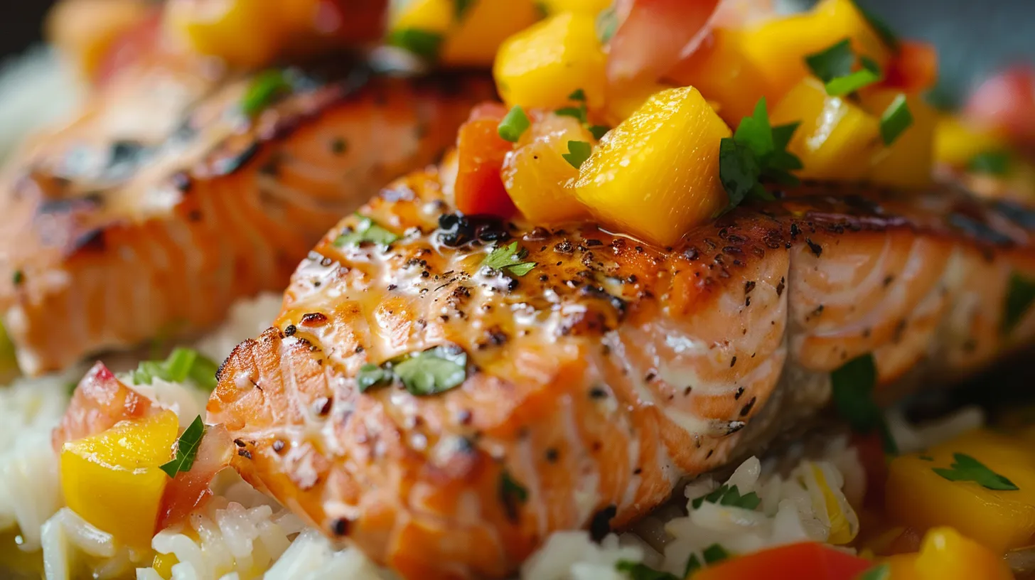 Grilled Salmon with Mango Salsa Coconut Rice