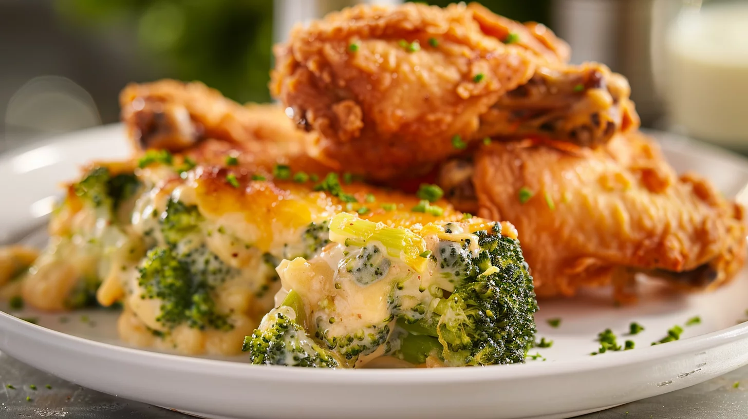 Broccoli and Cheese Casserole With Fried Chicken Wings