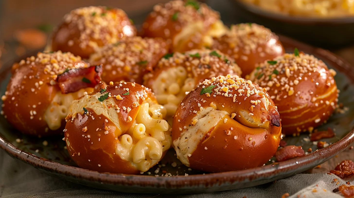 Buffalo Bacon Mac and Cheese Stuffed Pretzel Bombs
