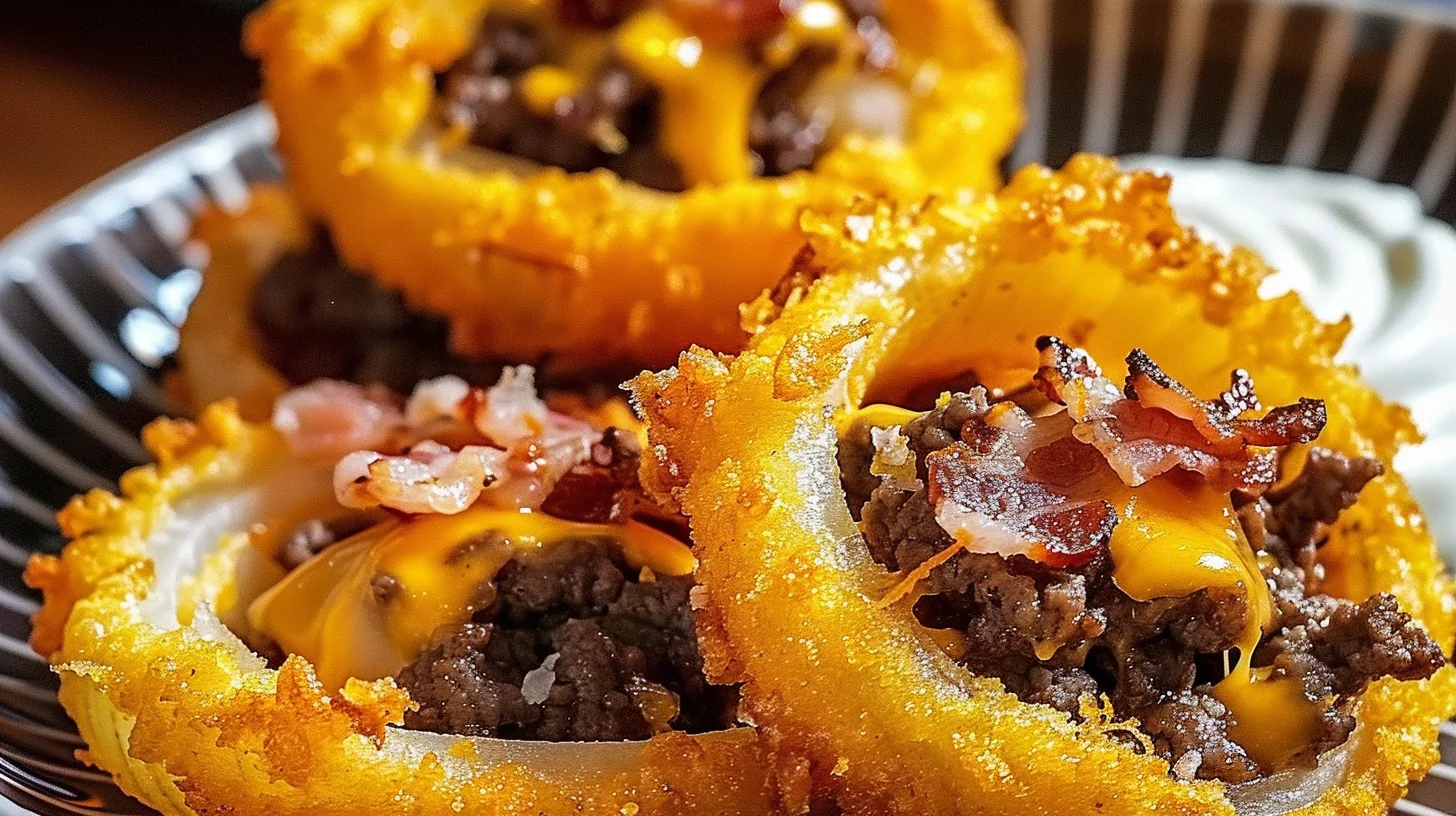 Crispy Bacon Cheeseburger Loaded Onion Ring Bombs