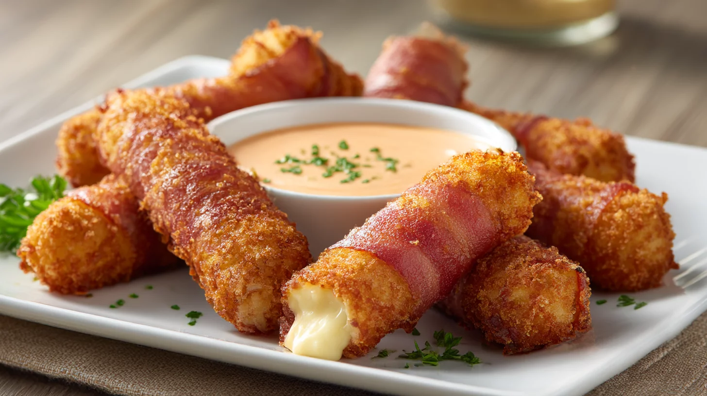Deep-fried Bacon-wrapped Mozzarella Sticks With Sriracha Dip
