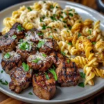 Garlic Butter Steak Bites and Spicy Cajun Alfredo Twisted Pasta