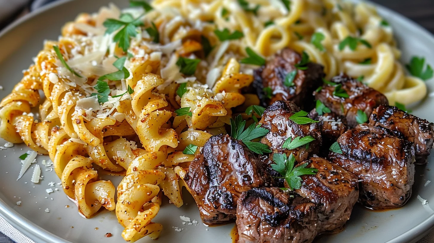 Garlic Butter Steak Bites and Spicy Cajun Alfredo Twisted Pasta