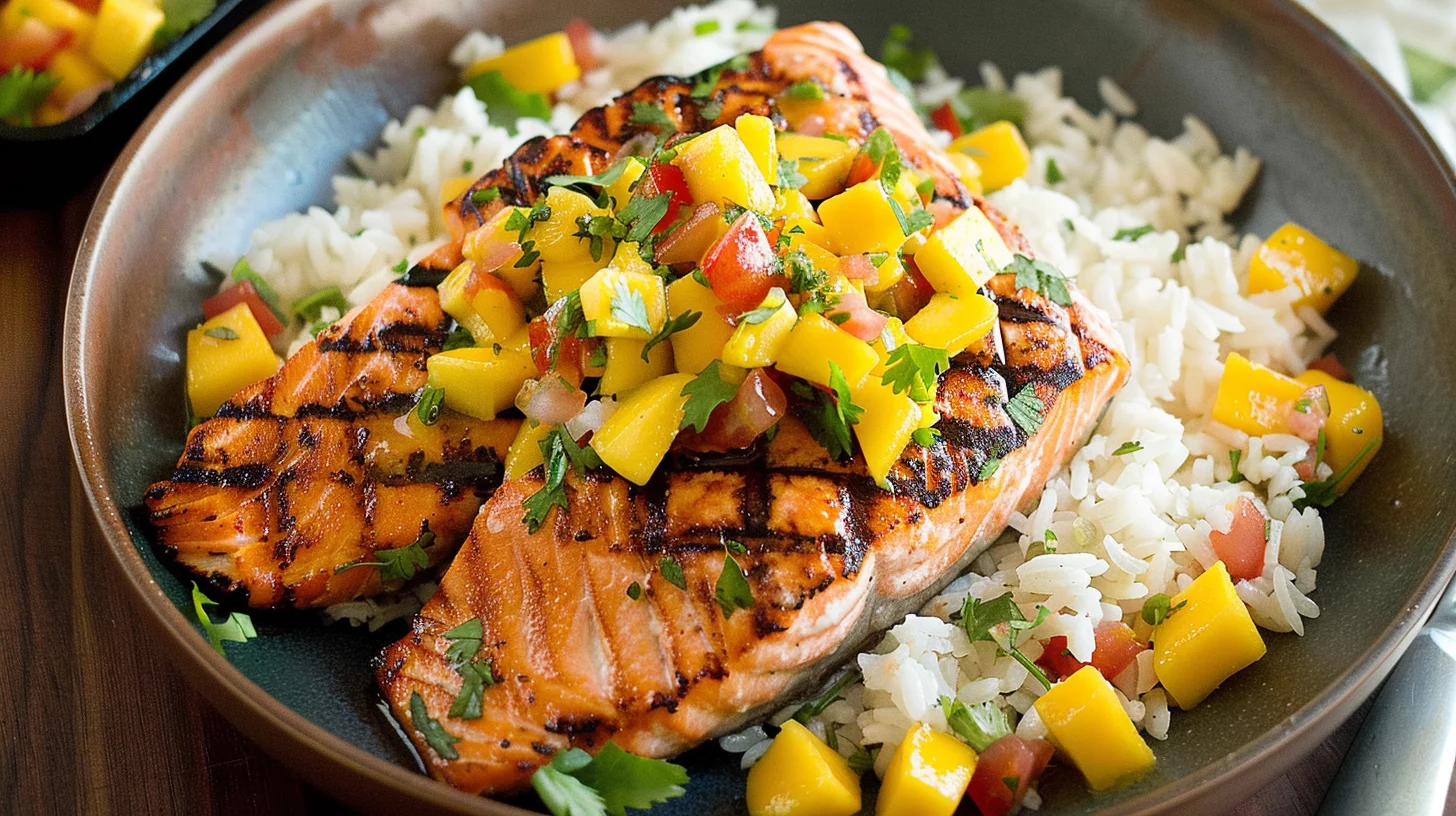 Grilled Salmon With Mango Salsa and Coconut Rice