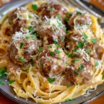 Easy Garlic Butter Meatball Served Over Creamy Parmesan Linguine