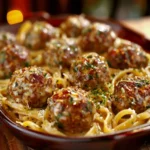 Easy Garlic Butter Meatballs Served Over Creamy Parmesan Linguine