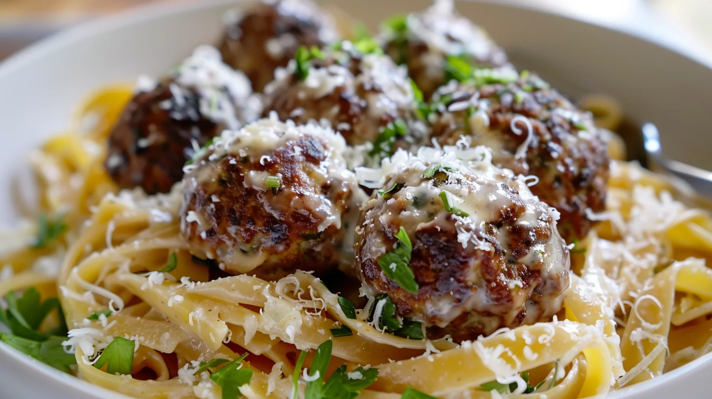 Easy Garlic Butter Meatballs Served Over Creamy Parmesan Linguine