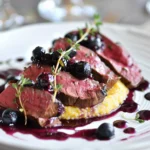 Pink Roasted Venison With Blueberry Jam and Creamy Polenta