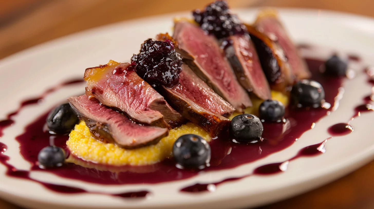 Pink Roasted Venison With Blueberry Jam and Creamy Polenta