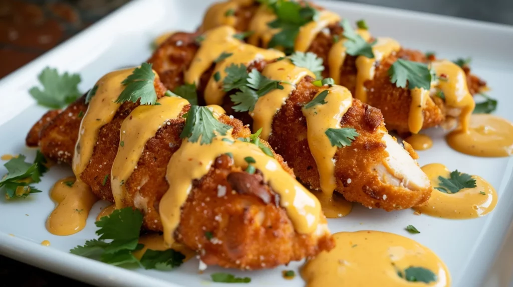 Pretzel Chicken With Mustard Cheddar Sauce