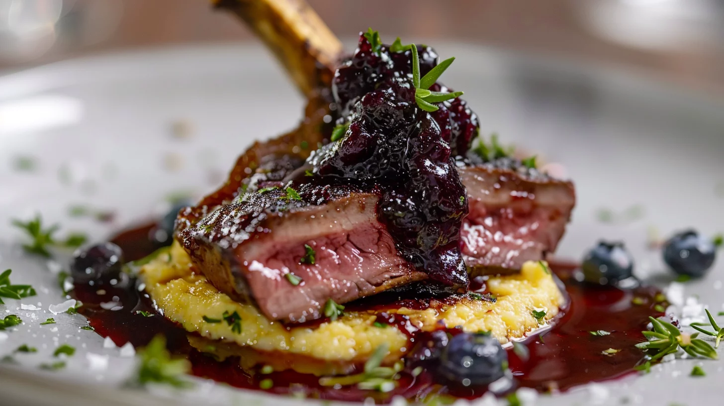Roasted Venison Backstrap With Blueberry Jam and Creamy Polenta