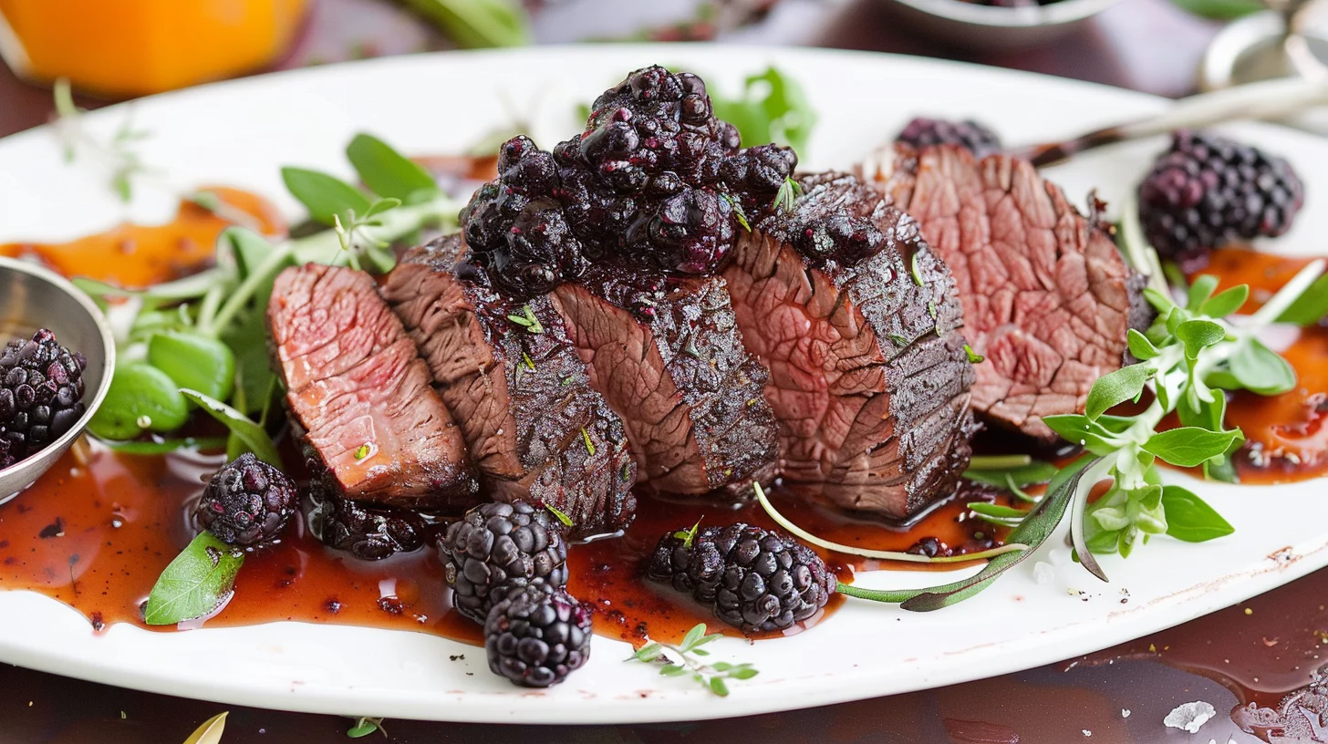 Venison Backstrap With Blackberry Sauce and Juniper Aromatics