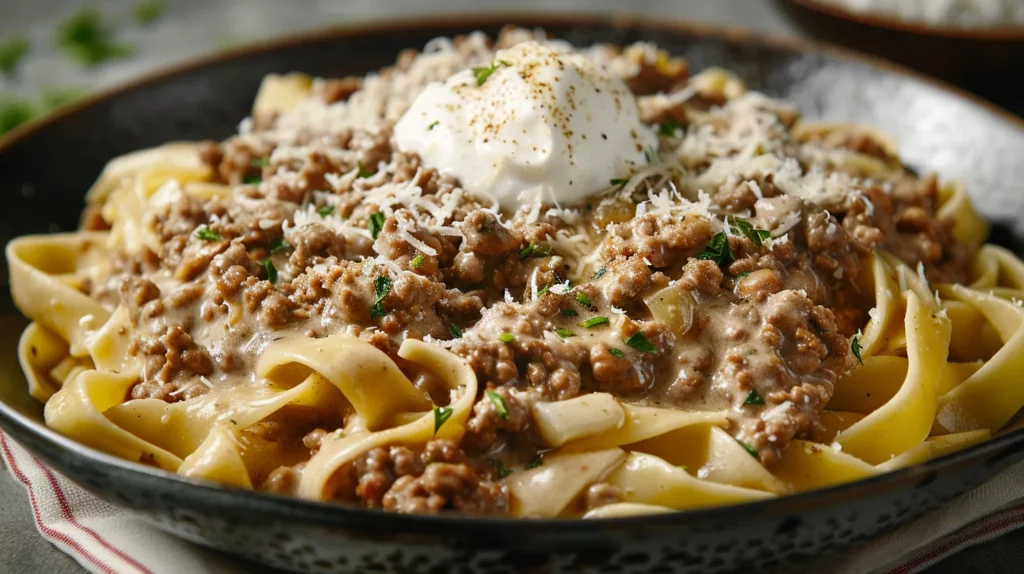 Creamy Ground Beef Stroganoff In One Pot