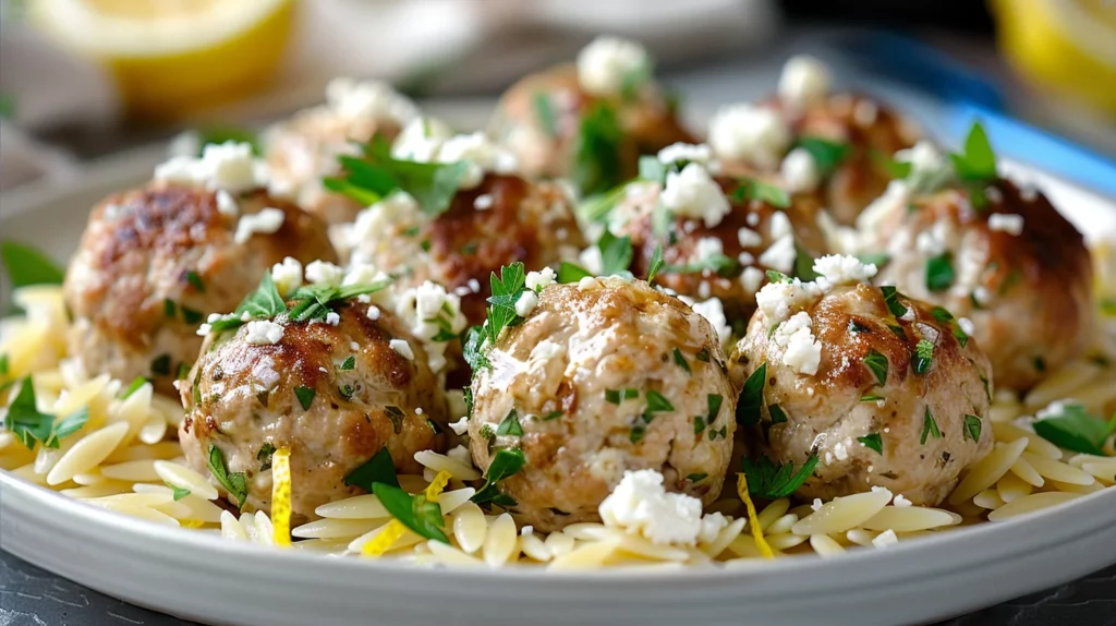 Savory Greek Chicken Meatballs With Zesty Lemon Orzo