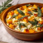 Delicious butternut squash casserole topped with crispy breadcrumbs and herbs