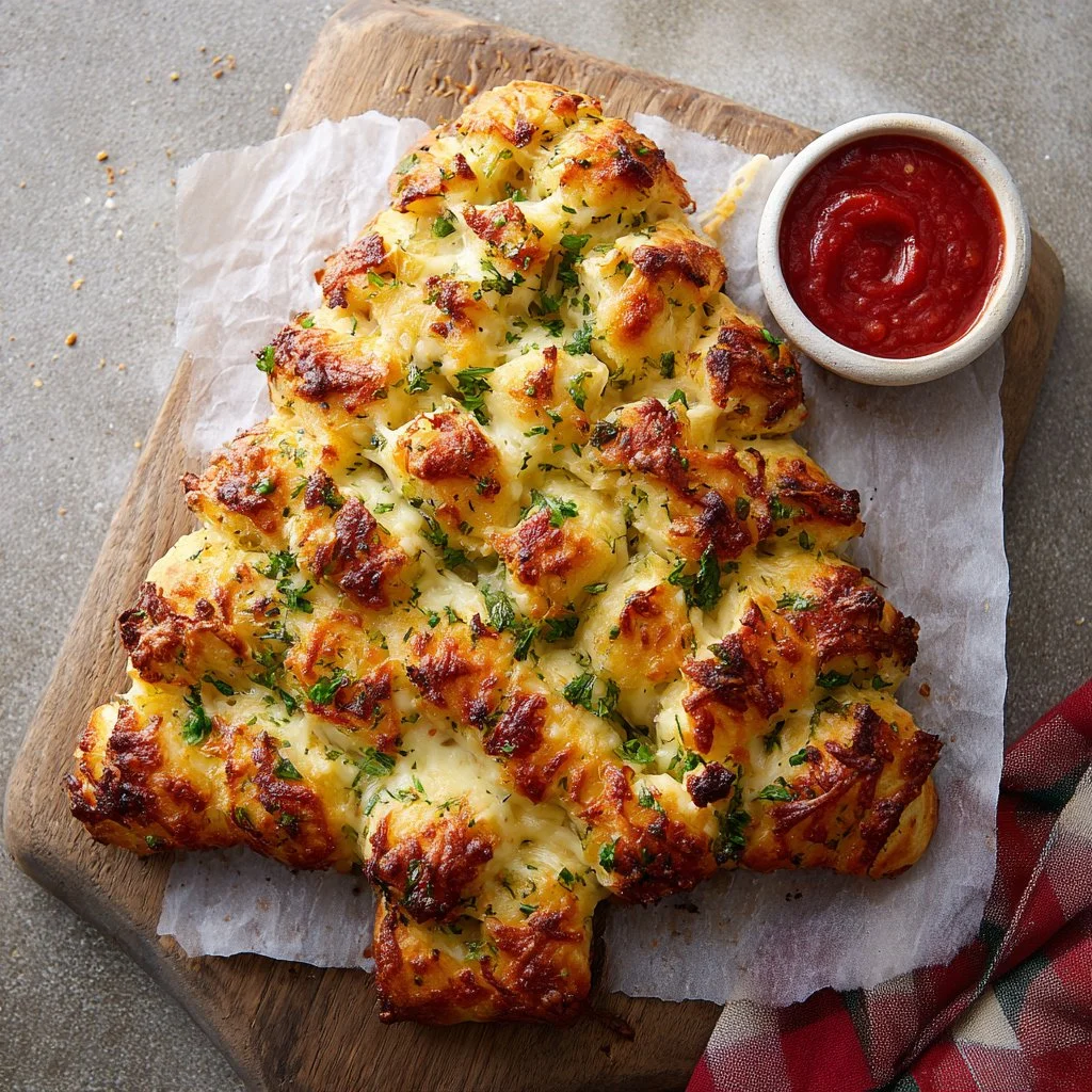 Cheesy Christmas tree bread arranged beautifully for festive celebrations.