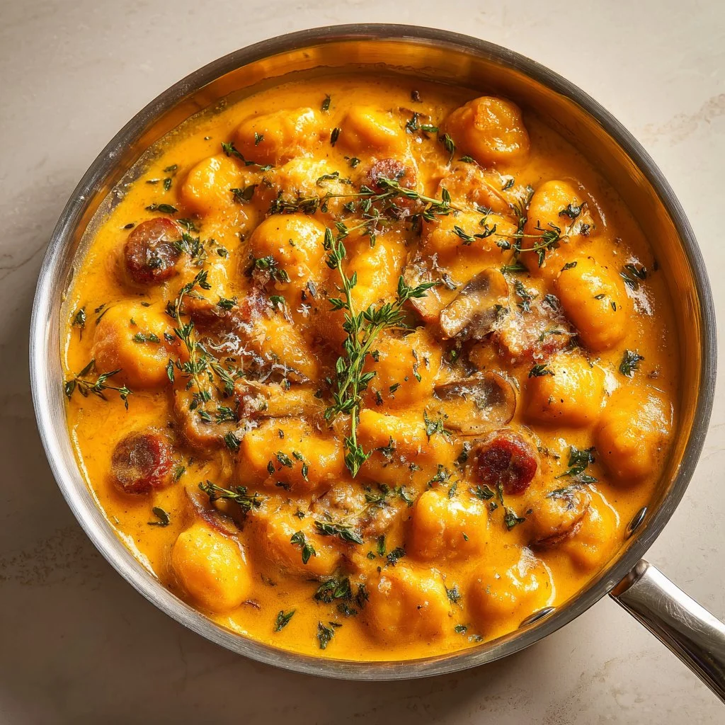 Creamy butternut squash gnocchi with sausage on a plate