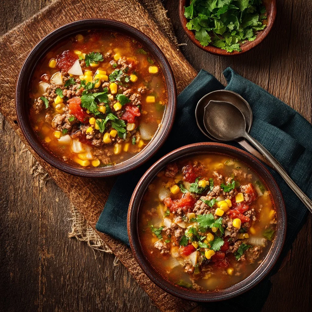 A hearty bowl of creamy Cowboy Soup garnished with fresh herbs.