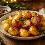 Crispy roast potatoes seasoned with rosemary and garlic on a serving platter.