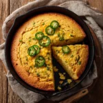 Delicious slice of Jalapeno Cheddar Cornbread topped with jalapeno slices.