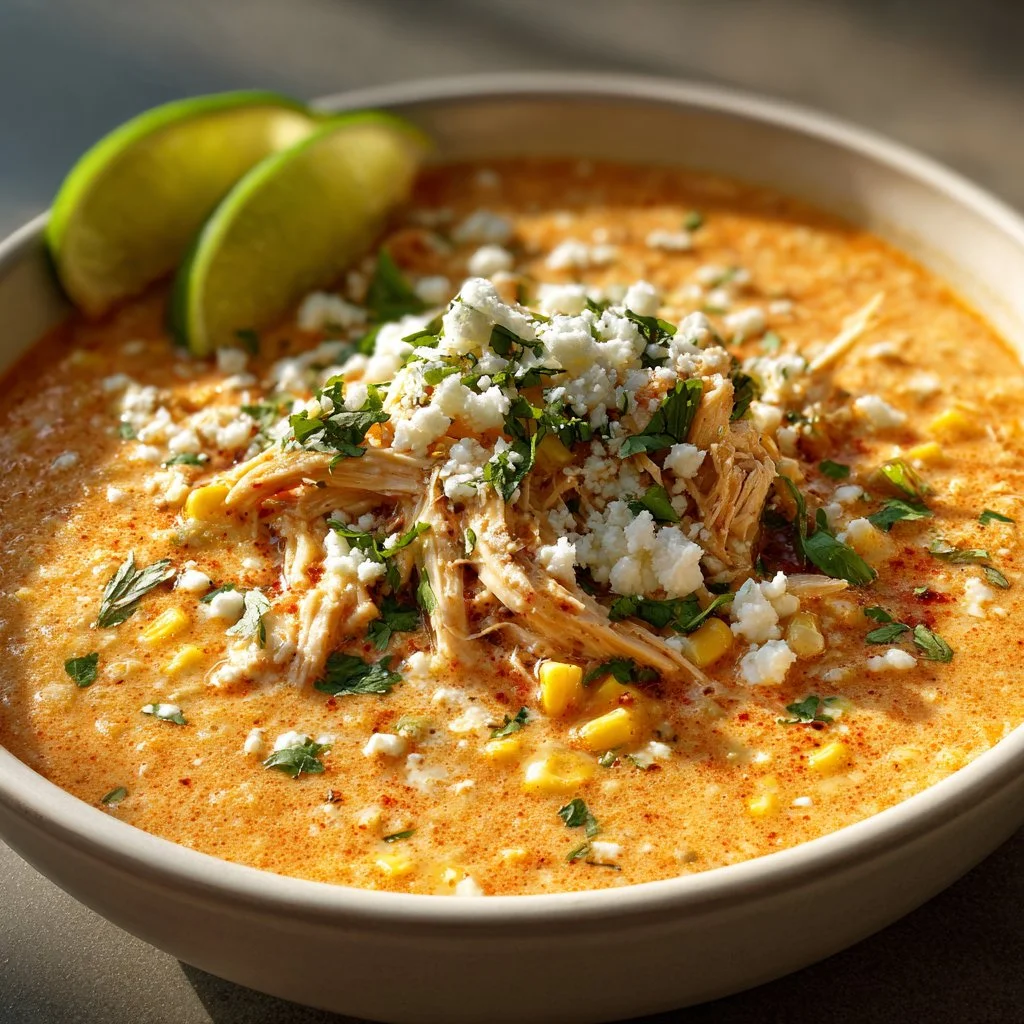 Bowl of creamy Mexican street corn soup topped with cilantro and cheese