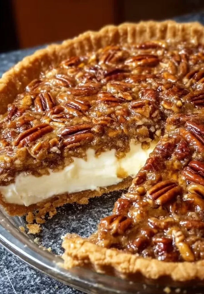 Delicious slice of Pecan Cheesecake Pie topped with pecans
