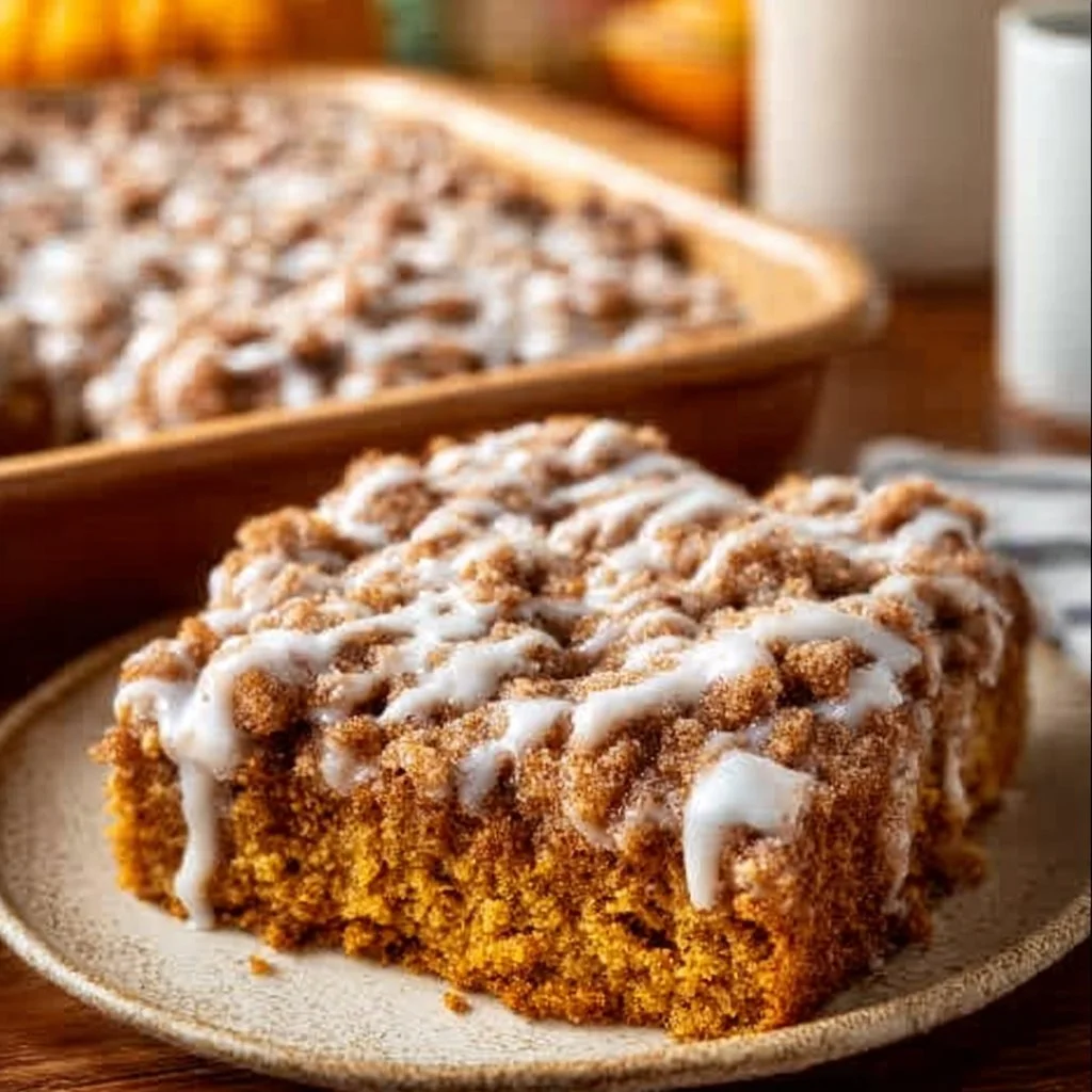 Delicious homemade pumpkin coffee cake topped with cream frosting.