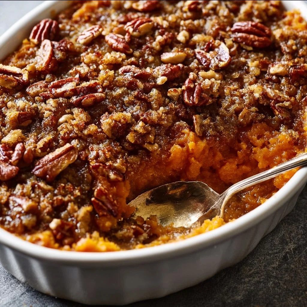 Baked Sweet Potato Crunch served in a dish with a crispy topping
