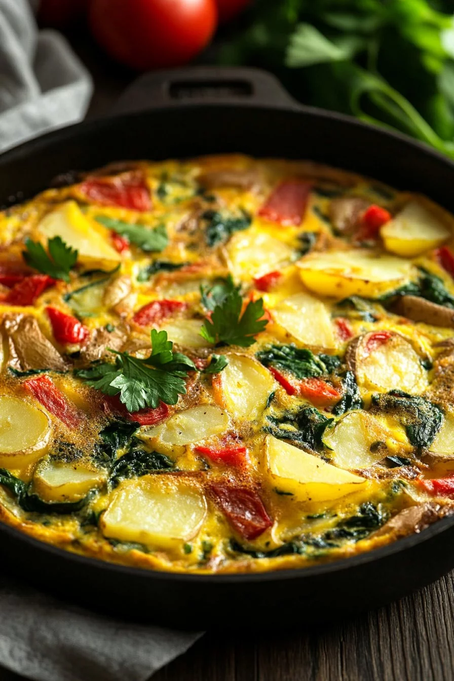 Easy Frittata with Potatoes, Red Peppers, and Spinach