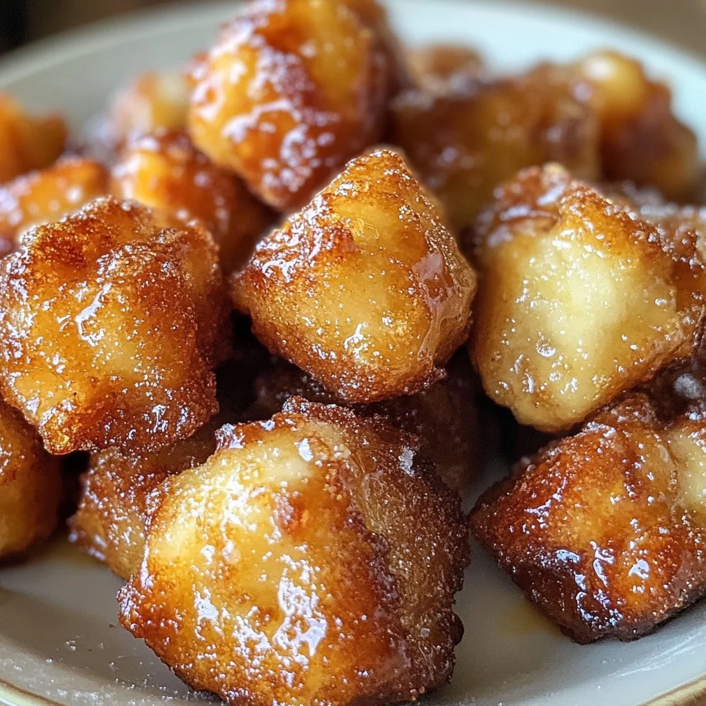 Tasty Apple Fritter Bites on a plate, coated in cinnamon sugar