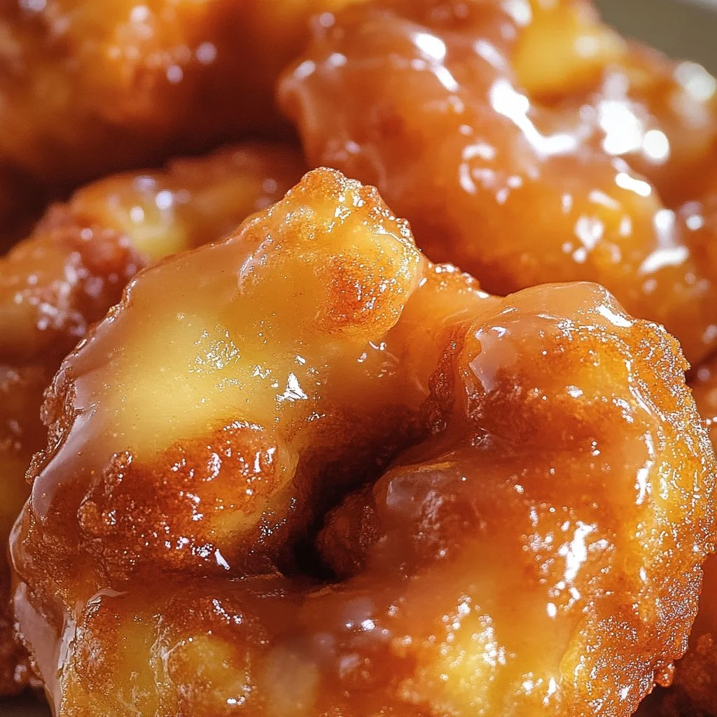 Freshly baked cinnamon apple fritters dusted with powdered sugar