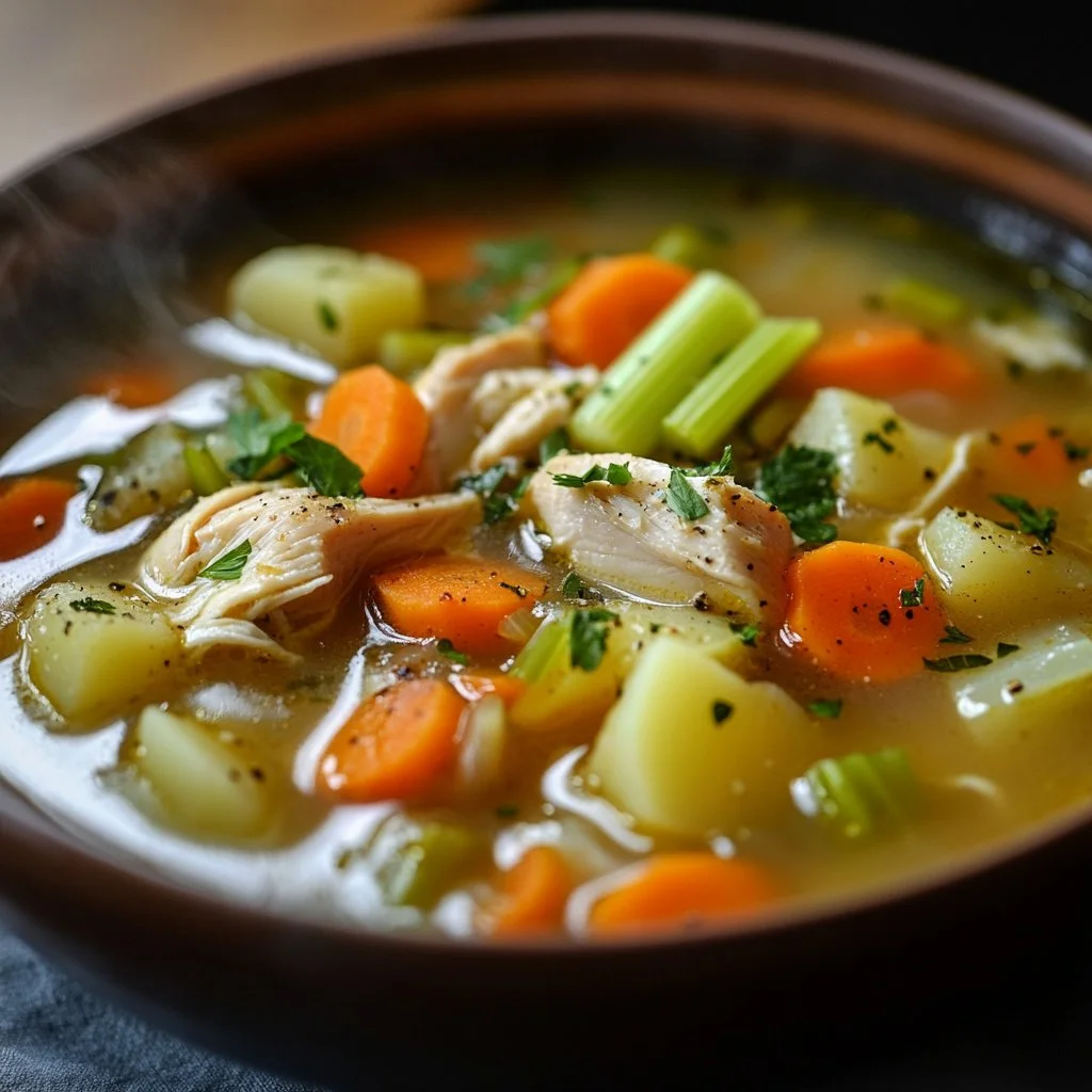 A bowl of comforting chicken soup with potatoes, garnished with herbs.