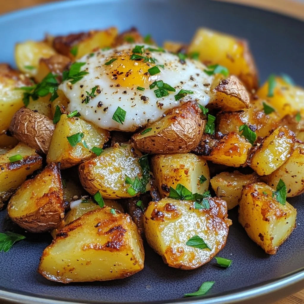 Plate of crispy breakfast potatoes garnished with herbs