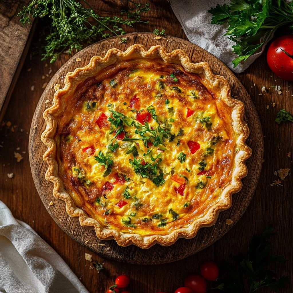 Easy breakfast quiche with eggs, cheese, and vegetables baked in a crust