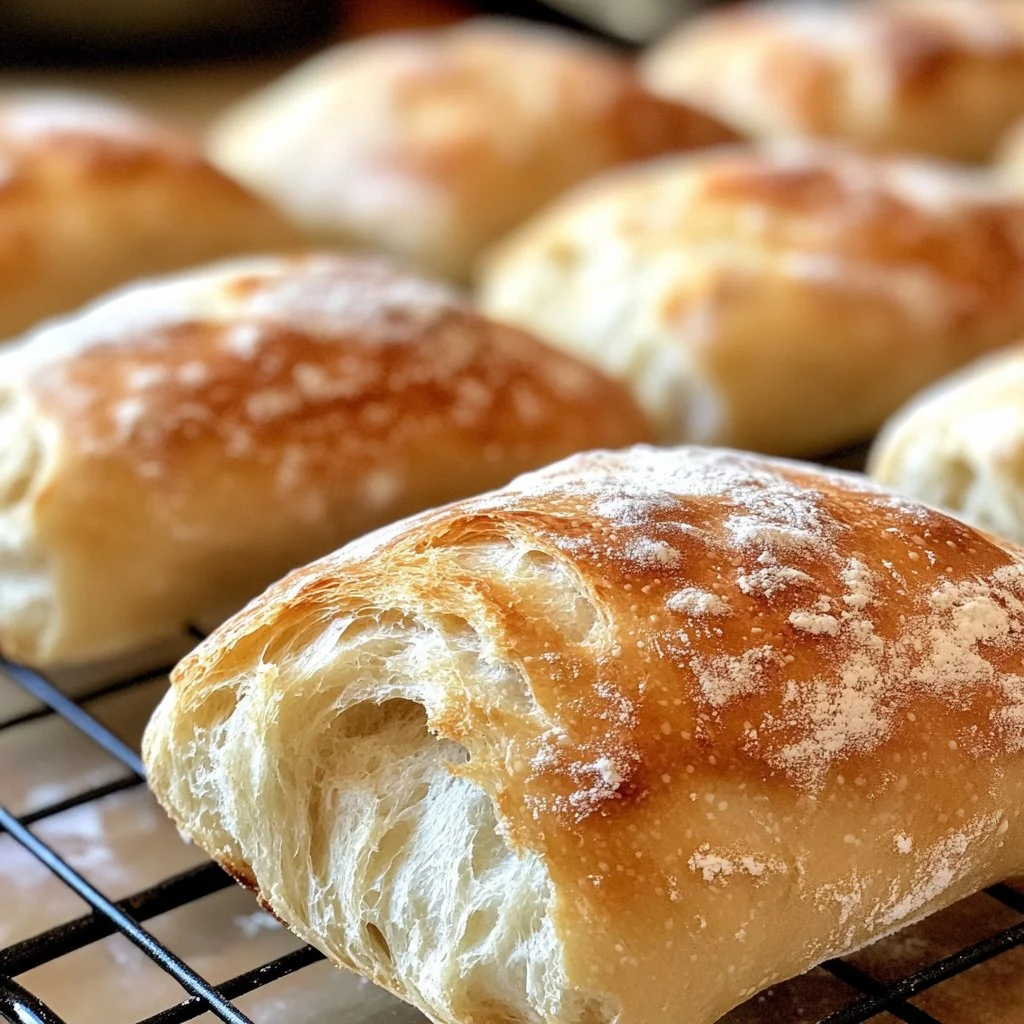 Freshly baked easy small batch ciabatta rolls on a wooden board