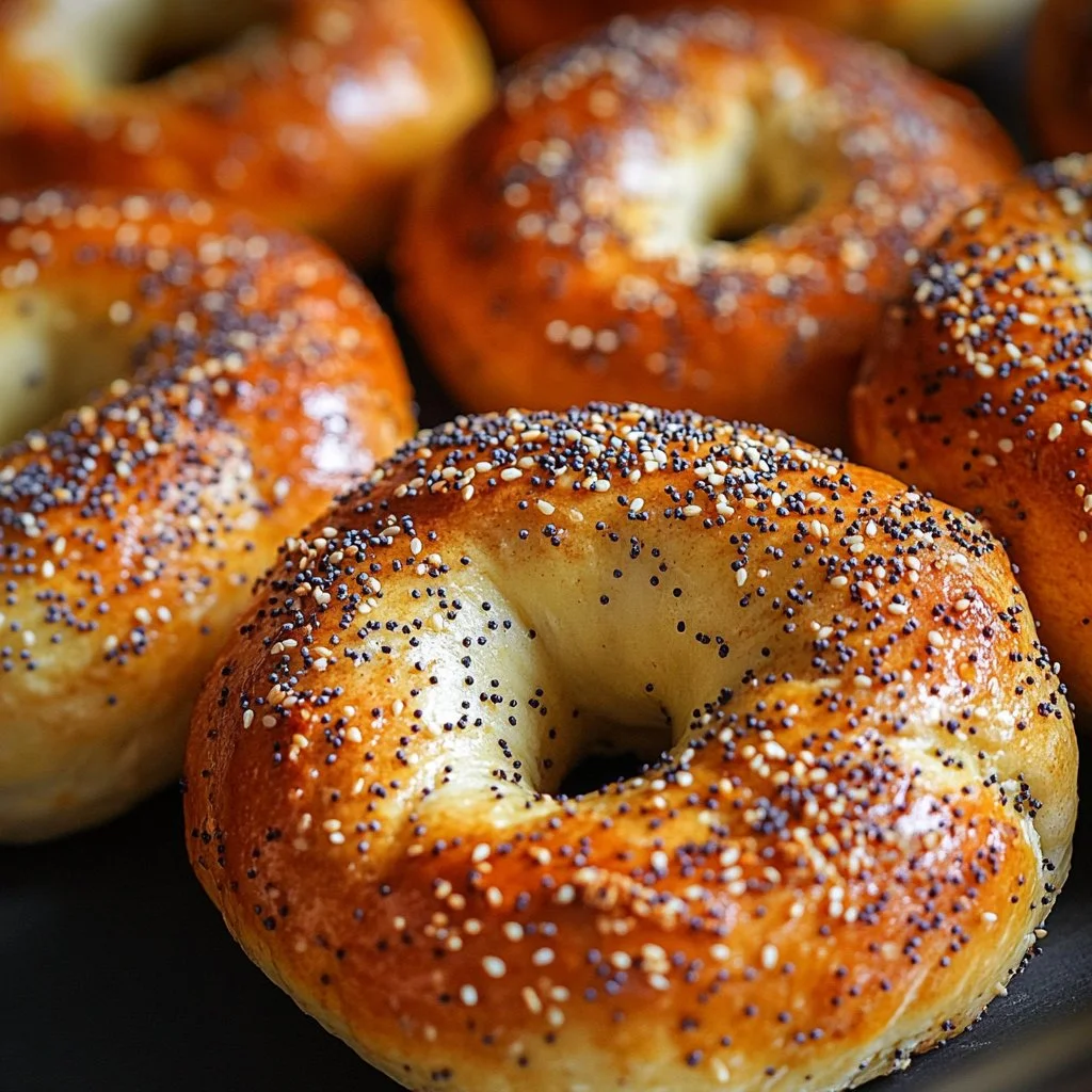 Freshly baked Greek Yogurt Bagels on a wooden table.