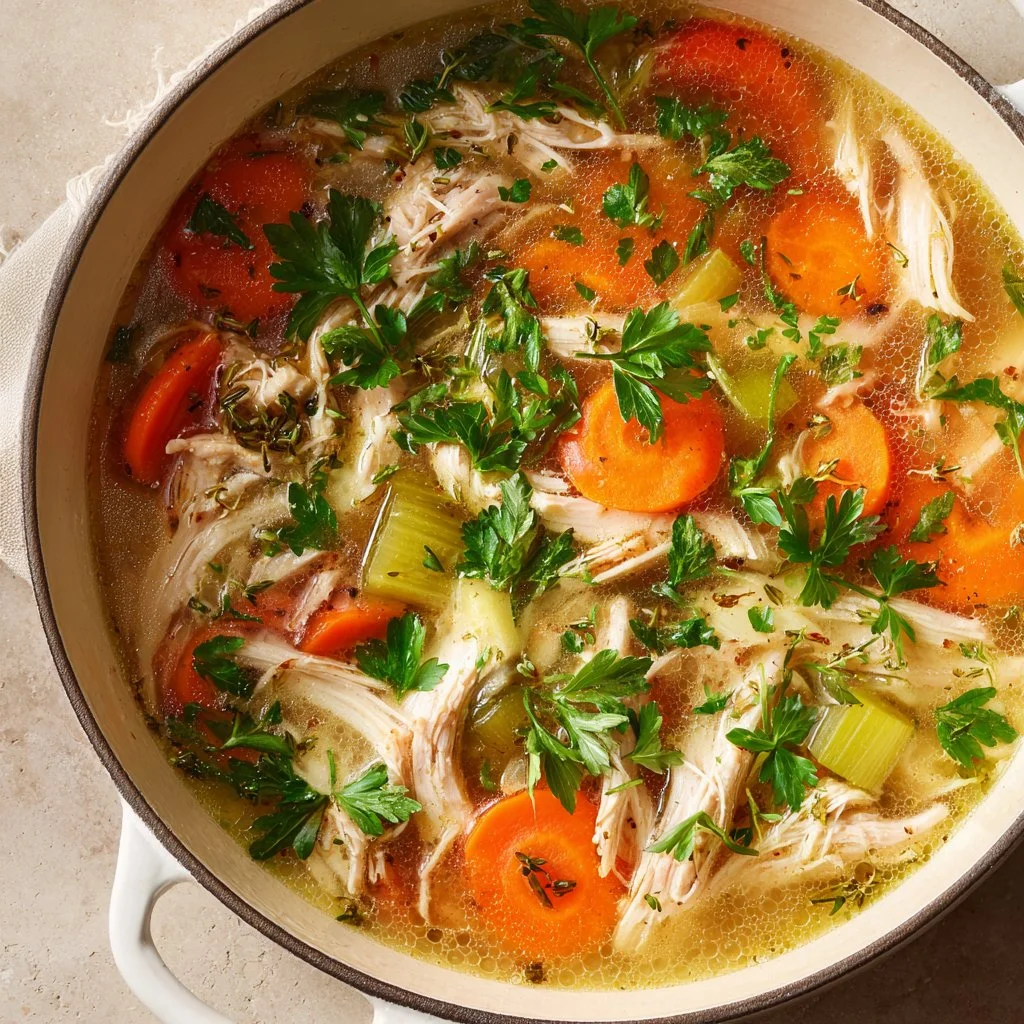 Bowl of homemade chicken soup with ingredients like vegetables and herbs
