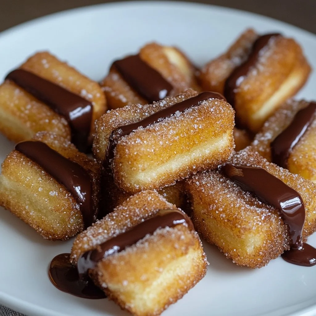 Homemade churro bites with Nutella filling on a white plate