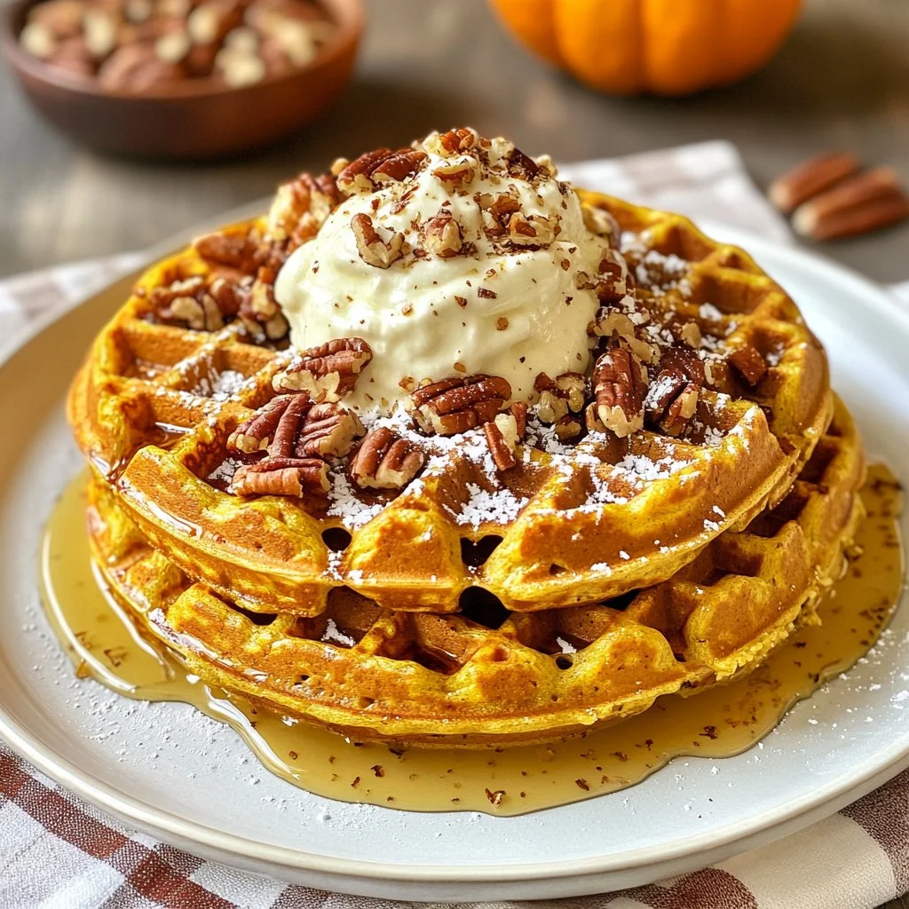Delicious Keto Pumpkin Waffles served on a plate with maple syrup and pumpkin seeds