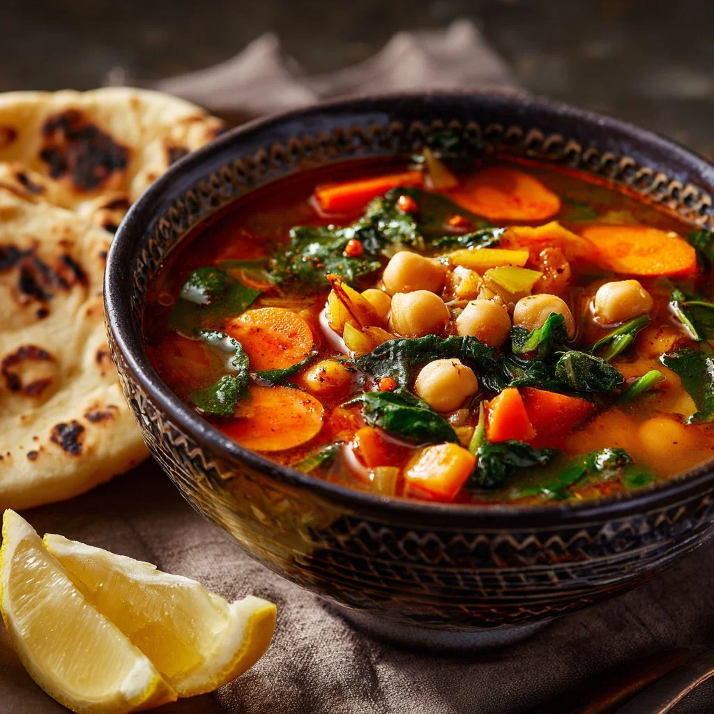 A bowl of Mediterranean soup filled with vegetables and herbs