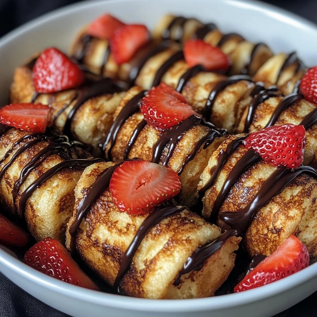Nutella-filled French toast served with strawberries and powdered sugar