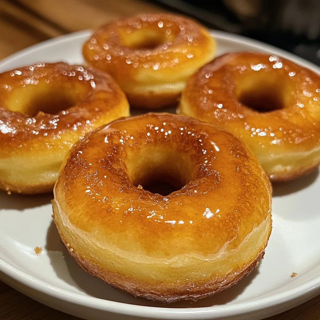 Freshly made pancake donuts topped with syrup and sprinkles.
