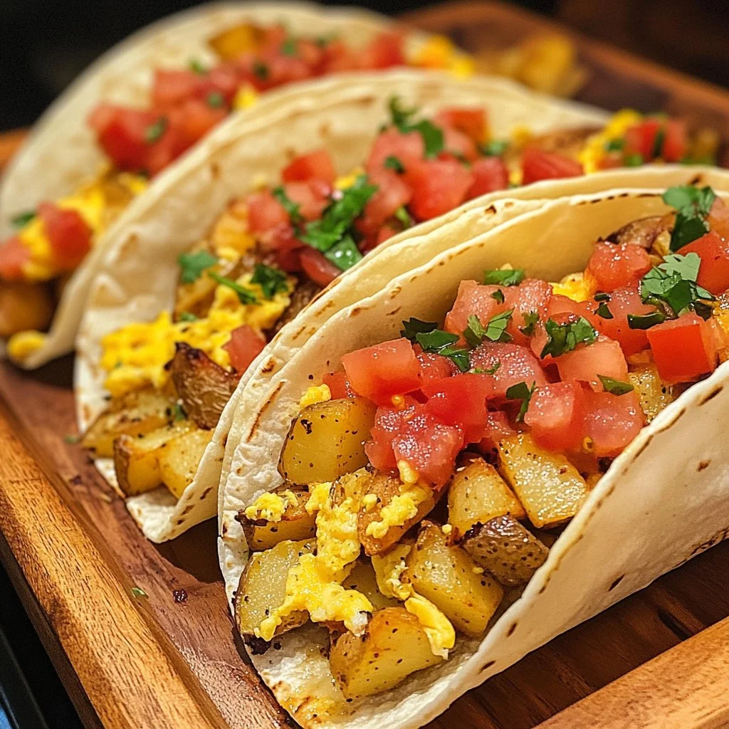 Potato, egg, and cheese breakfast tacos served on a plate