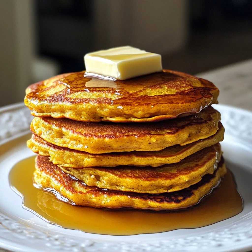 Delicious pumpkin cottage cheese pancakes stacked on a plate