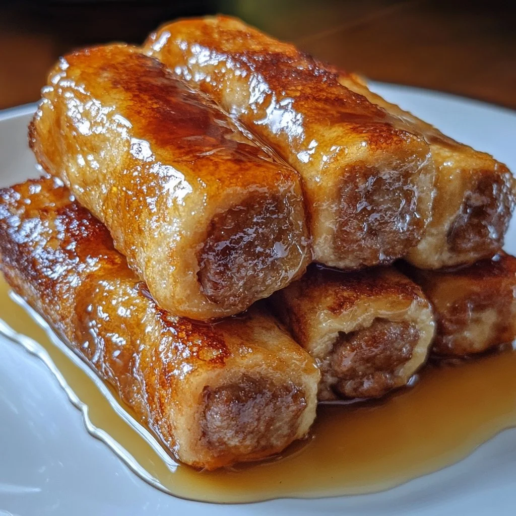 Sausage French Toast Roll-Ups topped with syrup and fresh fruit
