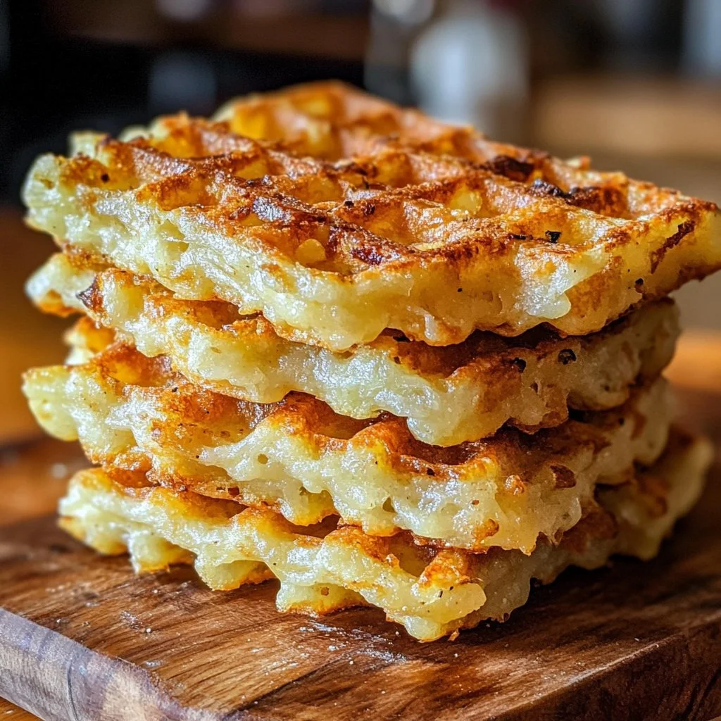 Savory hashbrown chaffles served on a plate with toppings