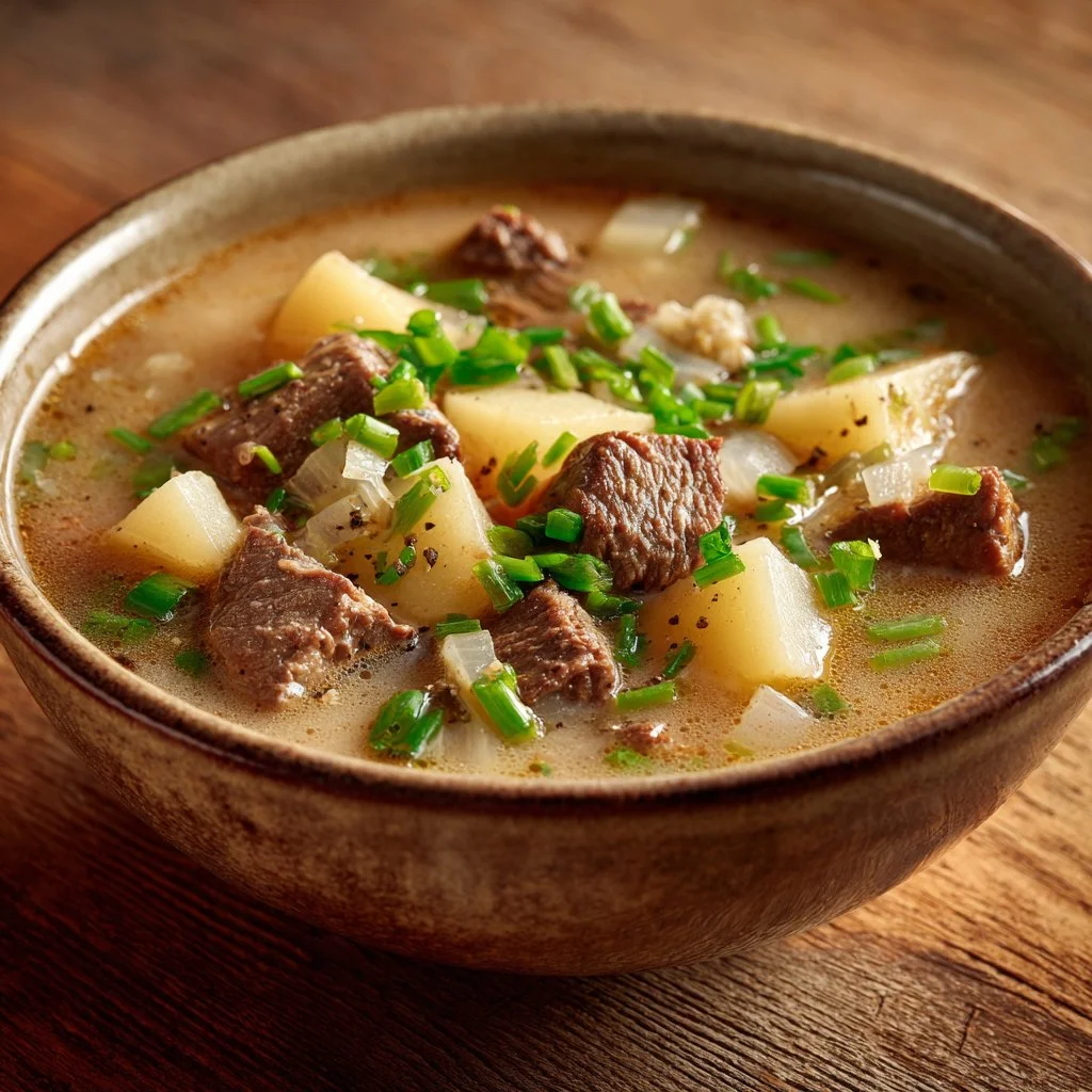 Bowl of delicious Steak and Potato Soup garnished with fresh herbs.