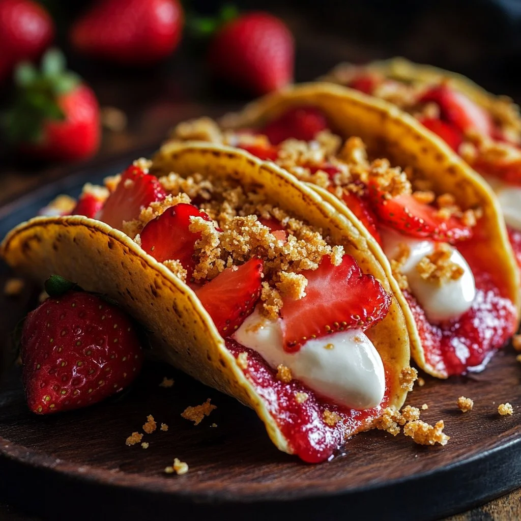 Strawberry Crunch Cheesecake Tacos served on a plate with fresh strawberries