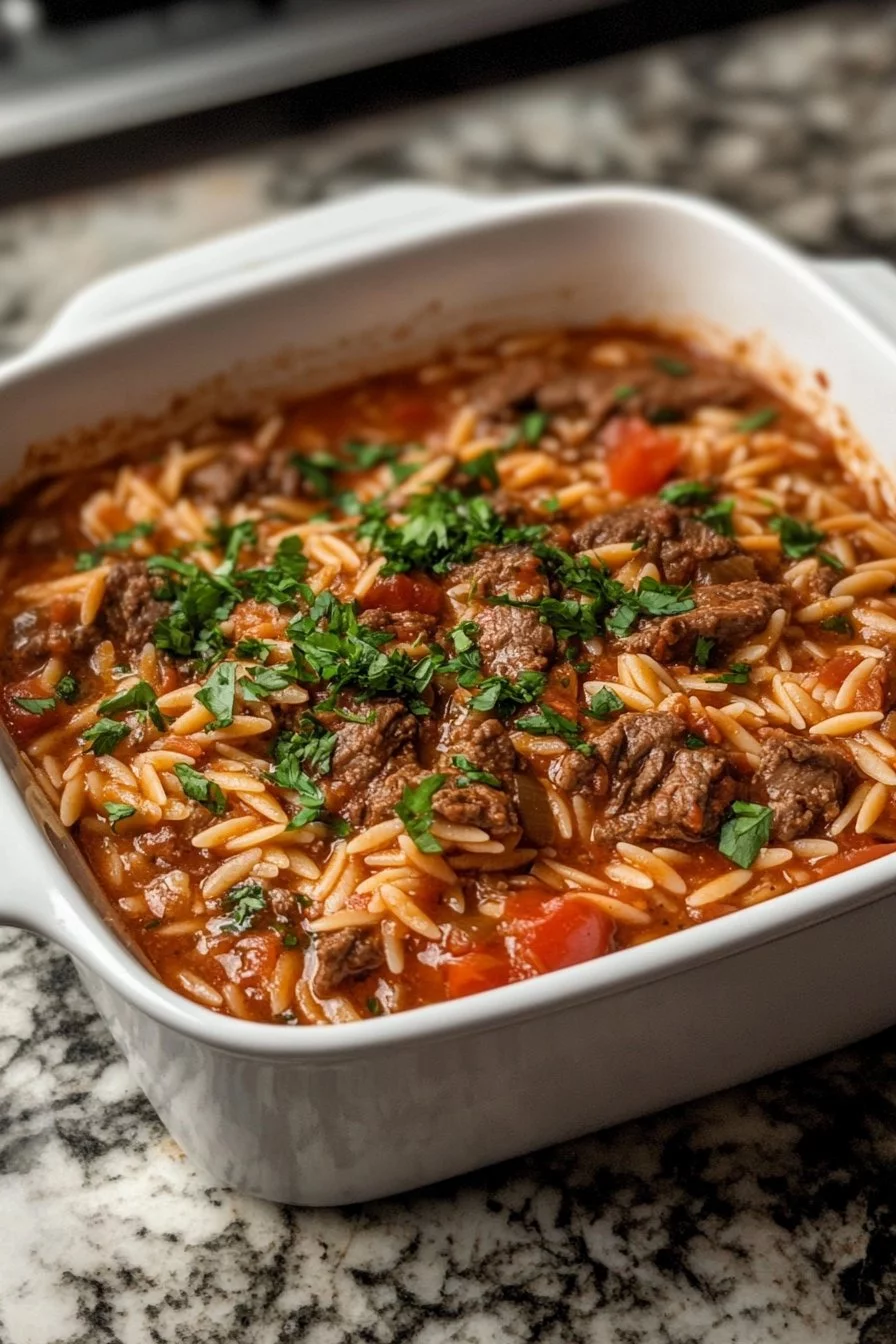 Beef Orzo with Tomato Cream Sauce